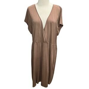 Garnet Hill Babydoll Tunic Dress‎ Womens XL Brown Faux Wrap V Neck Soft Casual